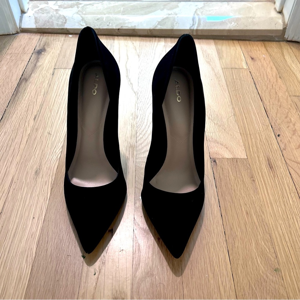 4” black suede heels , worn once, excellent condition